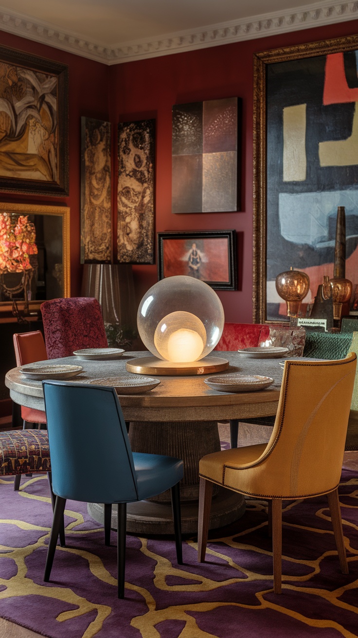 An eclectic dining room with a round wooden table, colorful chairs, and a variety of artworks on the walls.