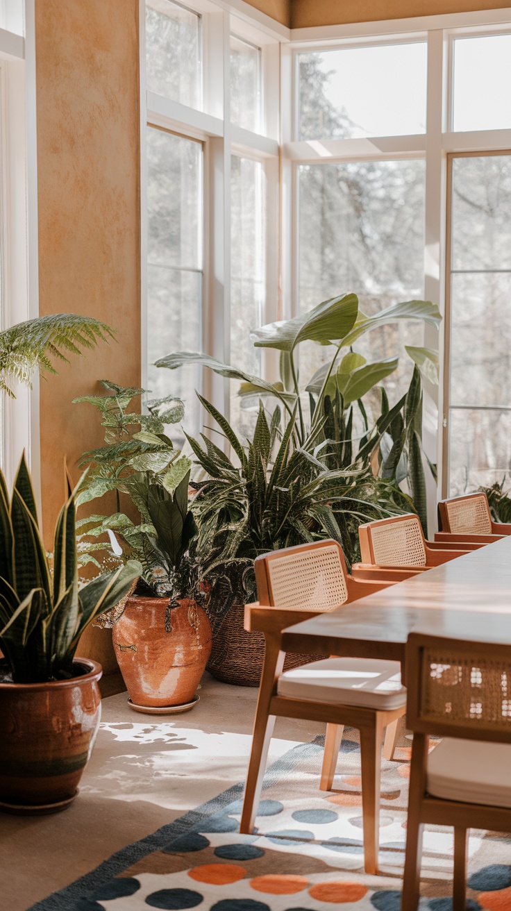 A bright dining room with large windows, filled with various indoor plants in terracotta pots, a wooden dining table, and woven chairs.