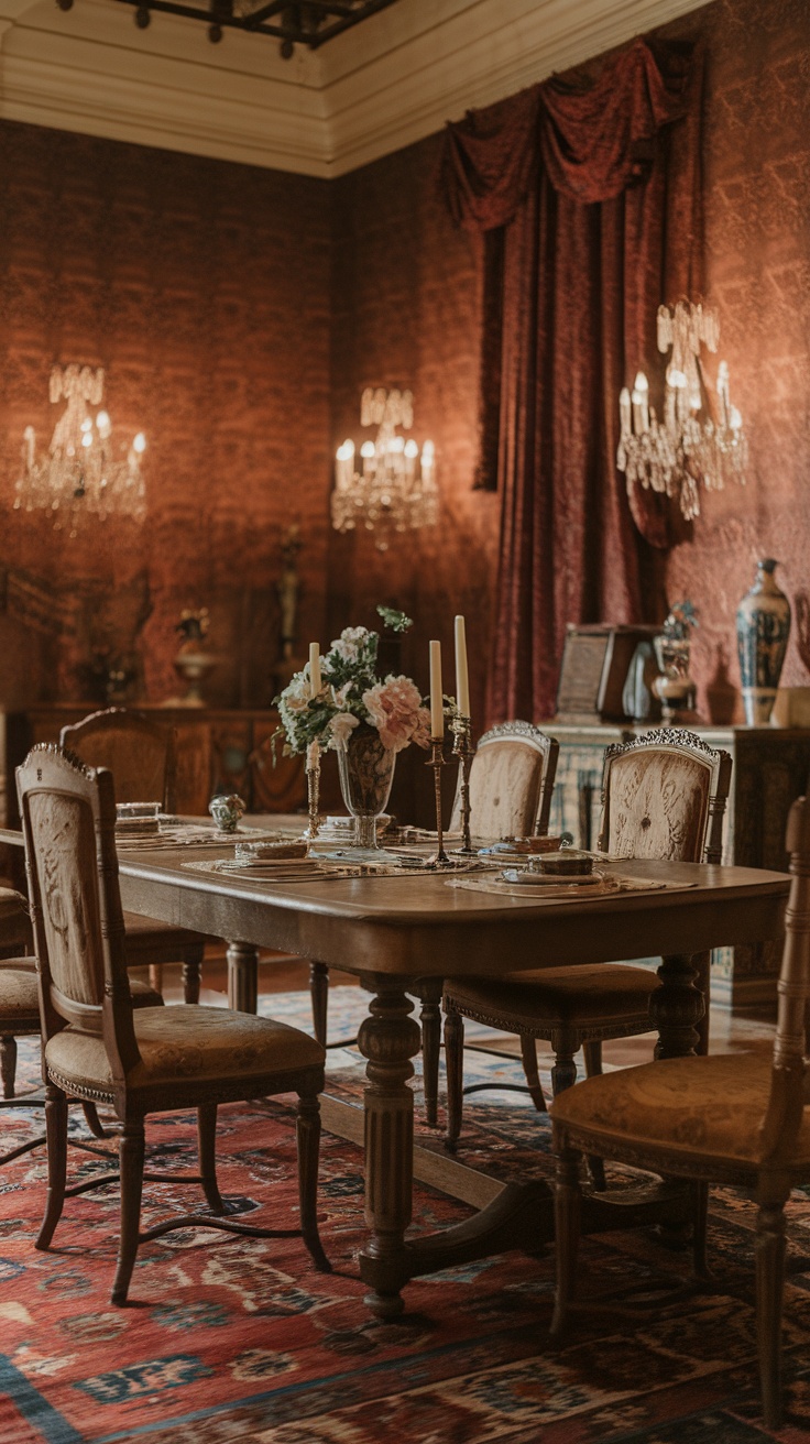 A vintage dining room with an ornate wooden table, elegant chairs, floral centerpiece, and rich decor.
