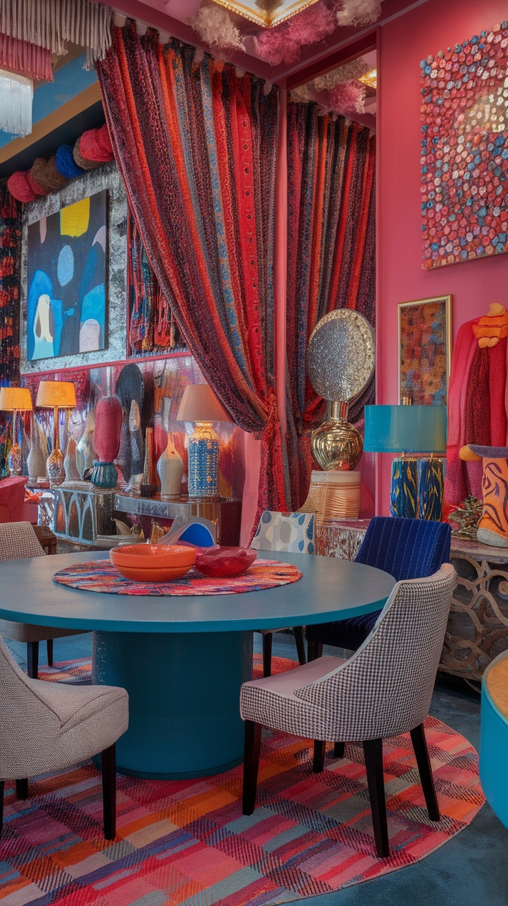 A vibrant and eclectic dining room featuring colorful curtains, patterned chairs, and a round blue table with decorative bowls.