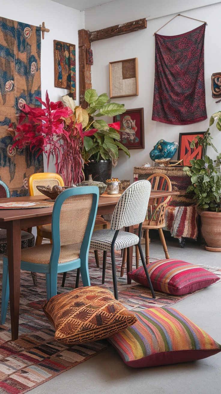 A cozy Boho dining room featuring eclectic chairs, vibrant cushions, plants, and colorful wall art.