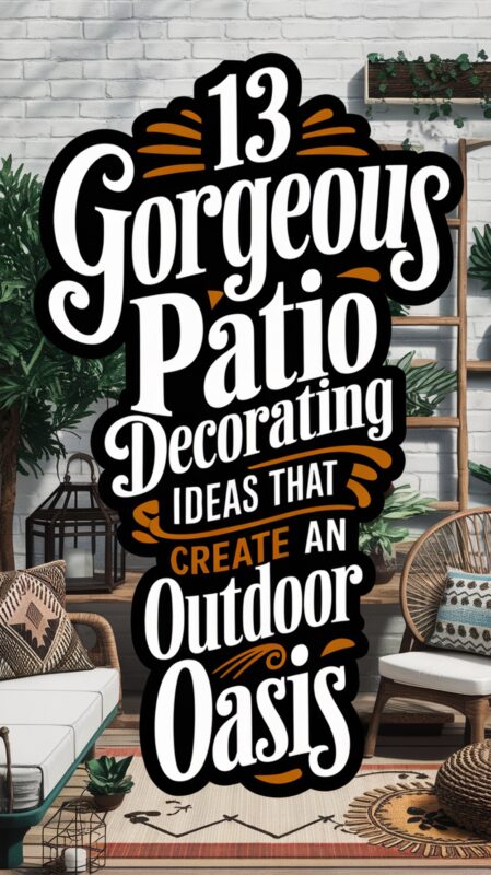 Three beautifully decorated patio spaces featuring cozy seating areas with colorful cushions, outdoor dining with lanterns, and a stylish lounge area with hanging chair and textured accessories.