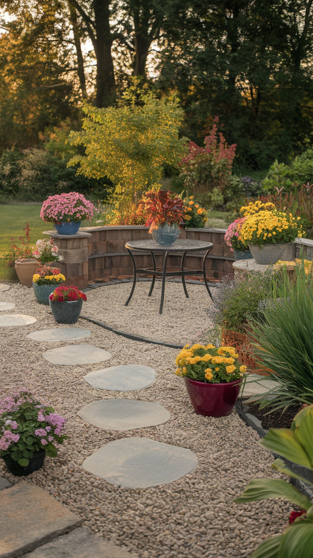 A beautiful gravel patio with colorful container gardens and a small seating area, showcasing a budget-friendly outdoor space.