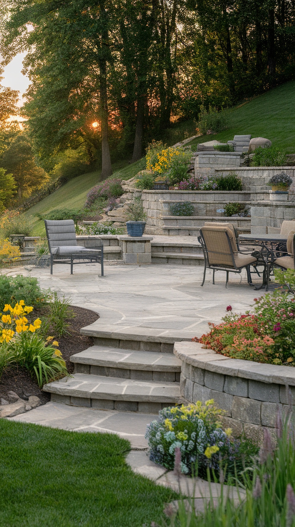 Multi-level stone patio with steps, seating areas, and colorful flowers in a sloped yard.