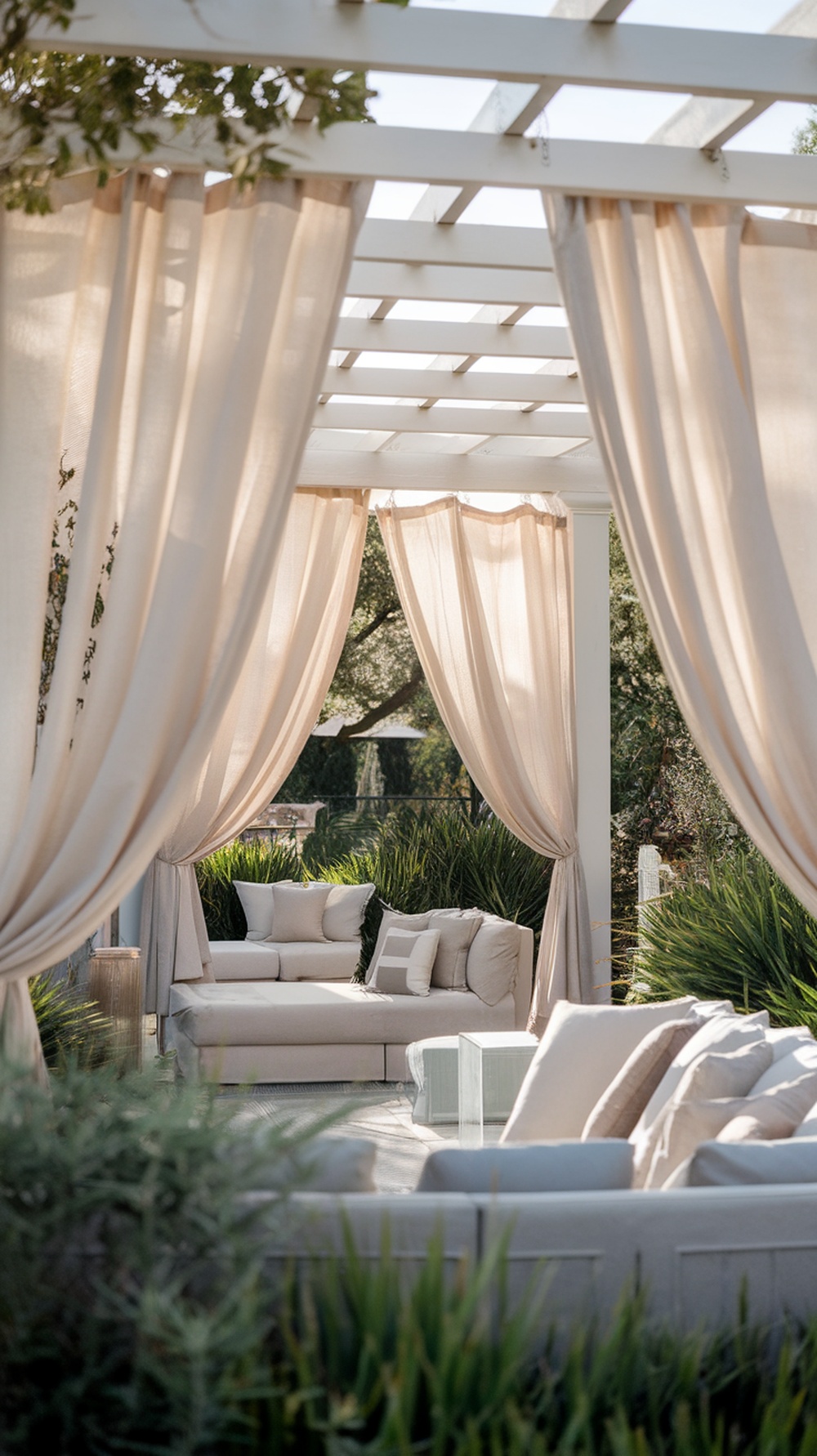 An outdoor seating area with soft, flowing curtains around a cozy couch, creating a defined space.