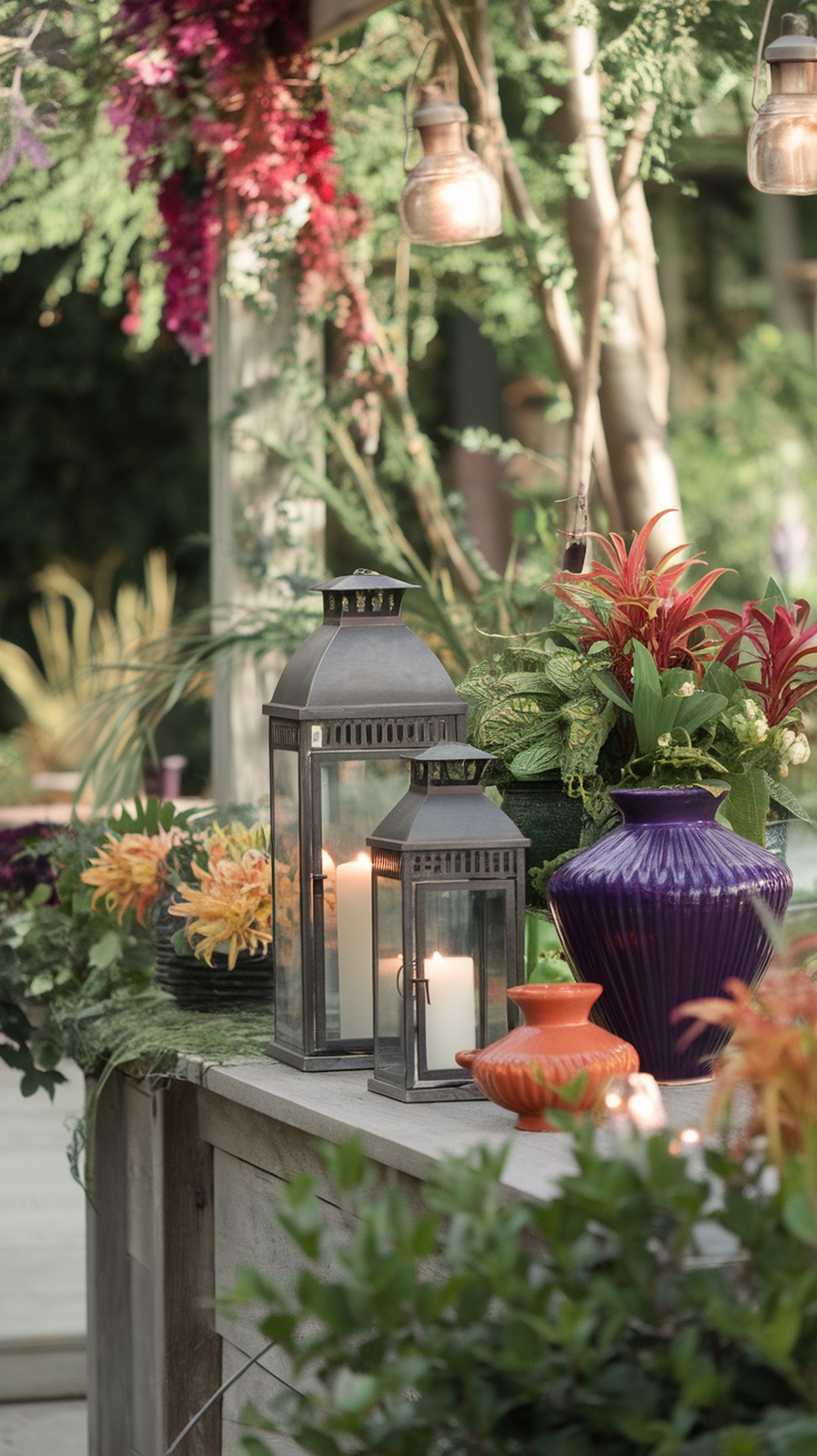 A beautifully styled patio table with lanterns and vibrant planters filled with flowers.
