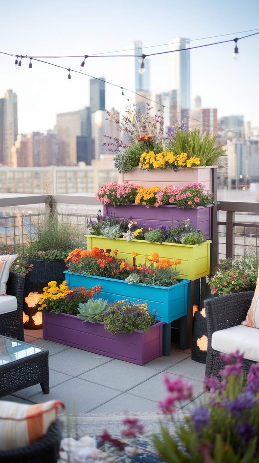A multi-height container garden display with colorful flowers on a patio, showcasing vibrant planters and urban skyline in the background.