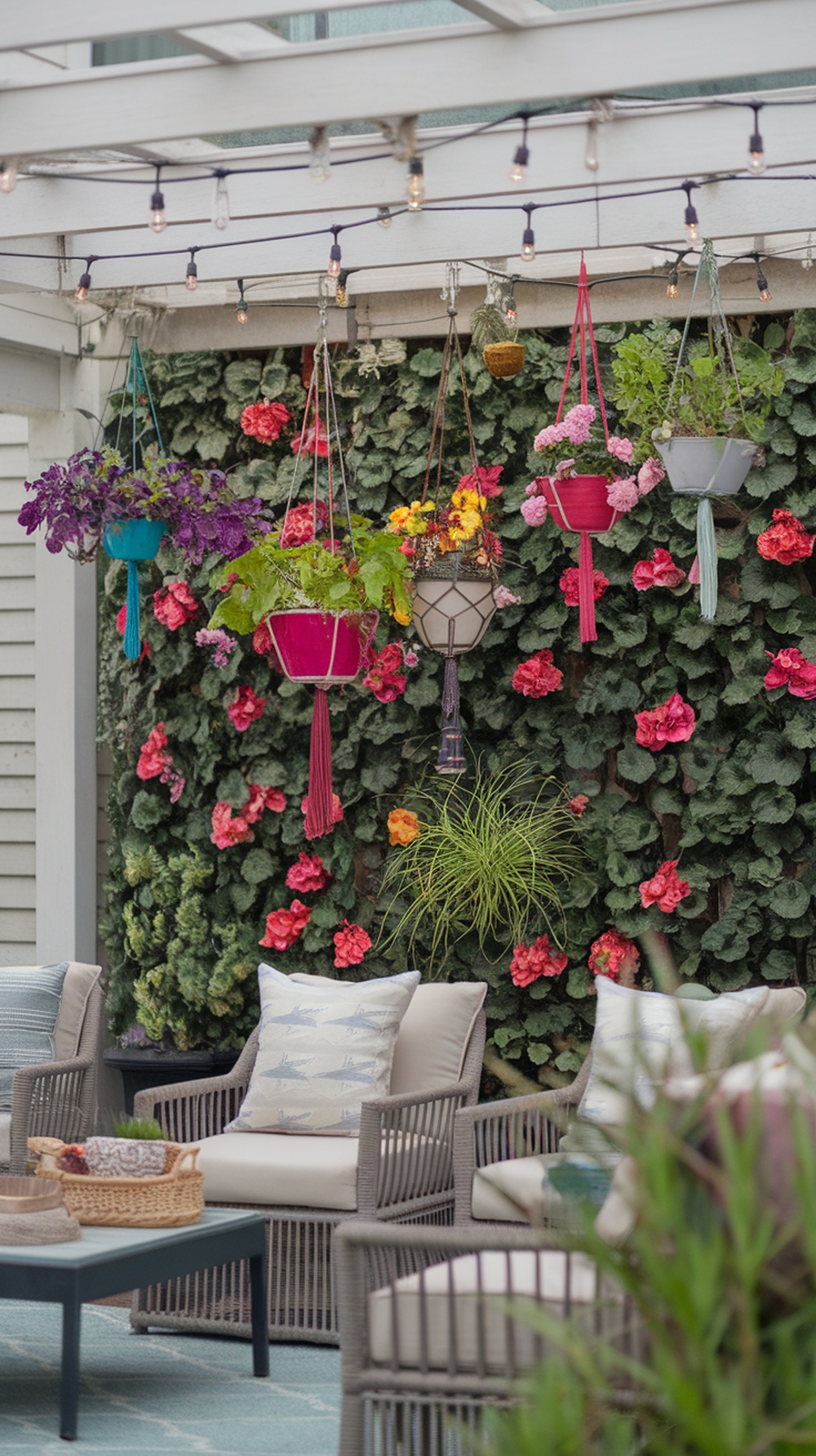 Colorful hanging planters with flowers against a green wall in a patio setting.