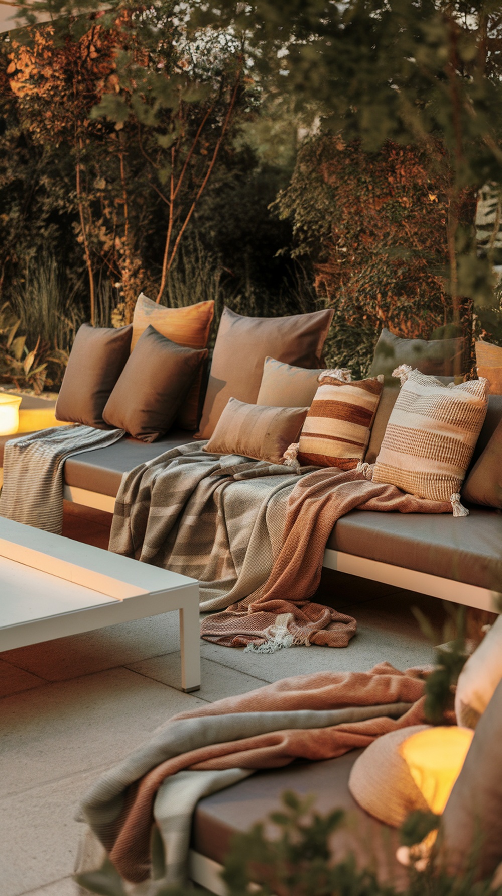 Cozy patio with layered blankets and pillows for warmth and comfort.