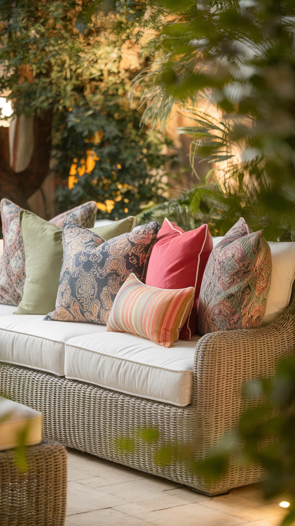 A cozy outdoor couch adorned with a variety of colorful pillows in different patterns.