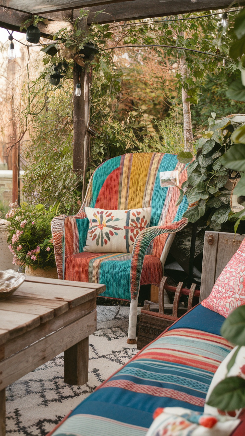 A vibrant, repurposed vintage chair with colorful stripes and a floral pillow next to a rustic wooden table, surrounded by greenery on a patio.