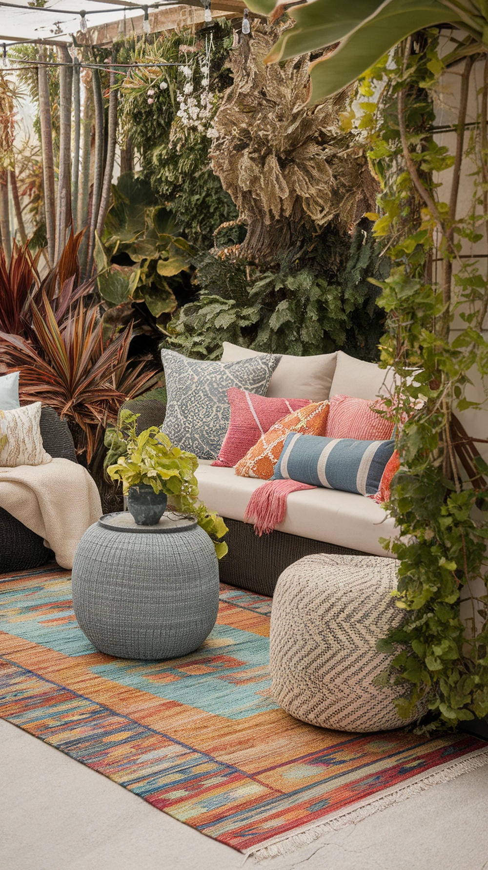 Colorful outdoor area rug with seating and lush greenery