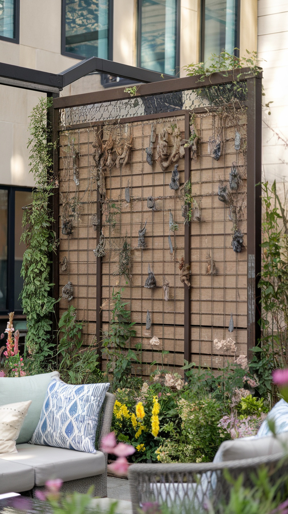 Decorative outdoor privacy screen with greenery and artistic elements
