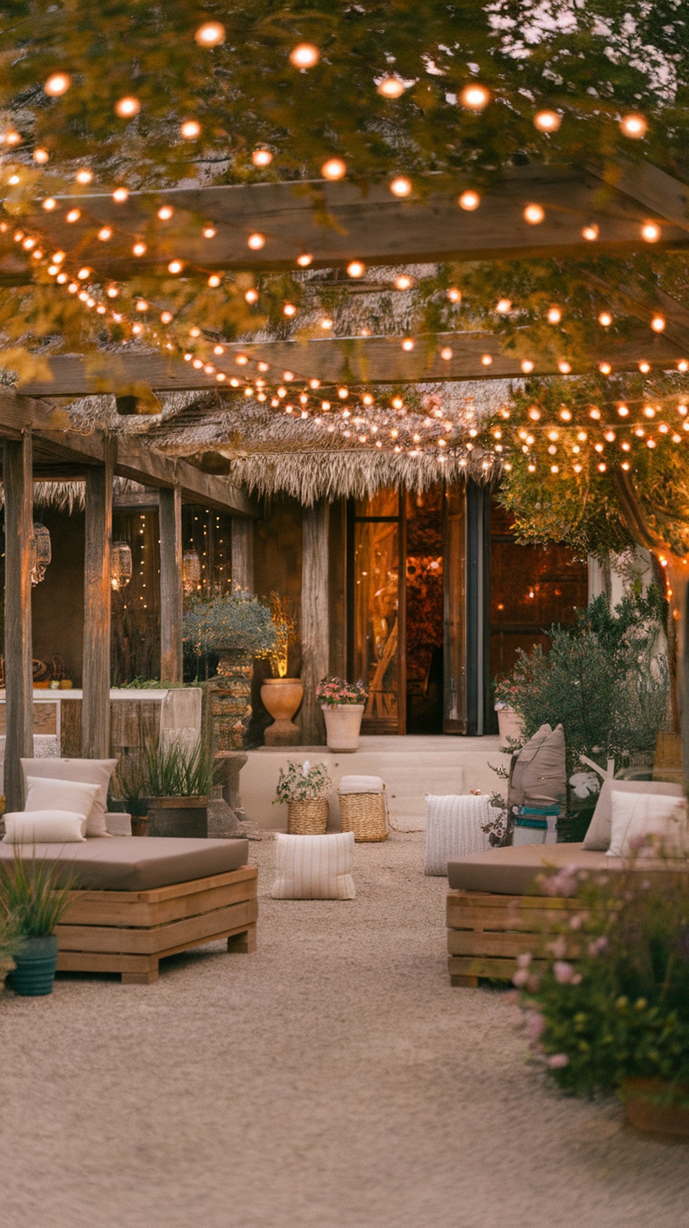 Patio with string lights creating a cozy evening atmosphere, featuring wooden furniture and plants.