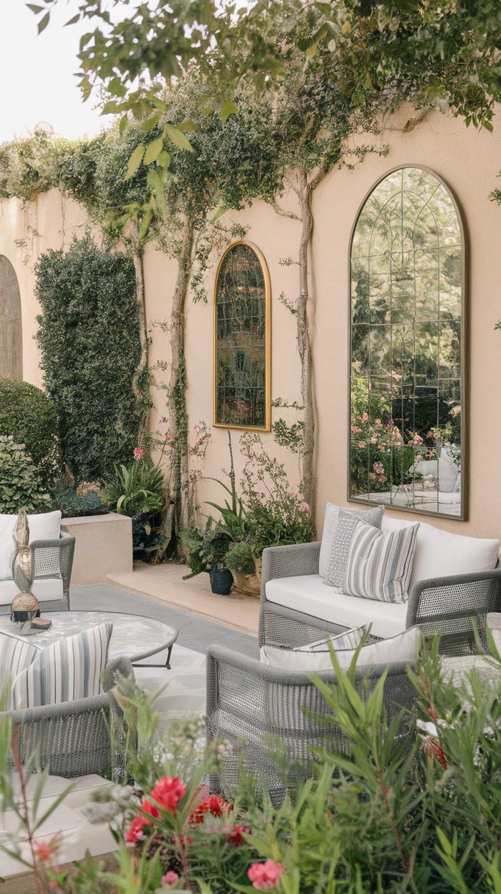 A cozy patio with weather-resistant mirrors and lush greenery creating an inviting outdoor space.