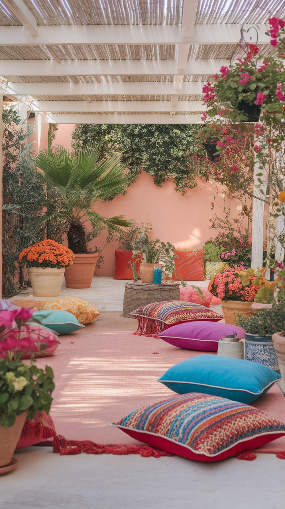 Colorful patio with vibrant pillows and blooming plants under a pergola.