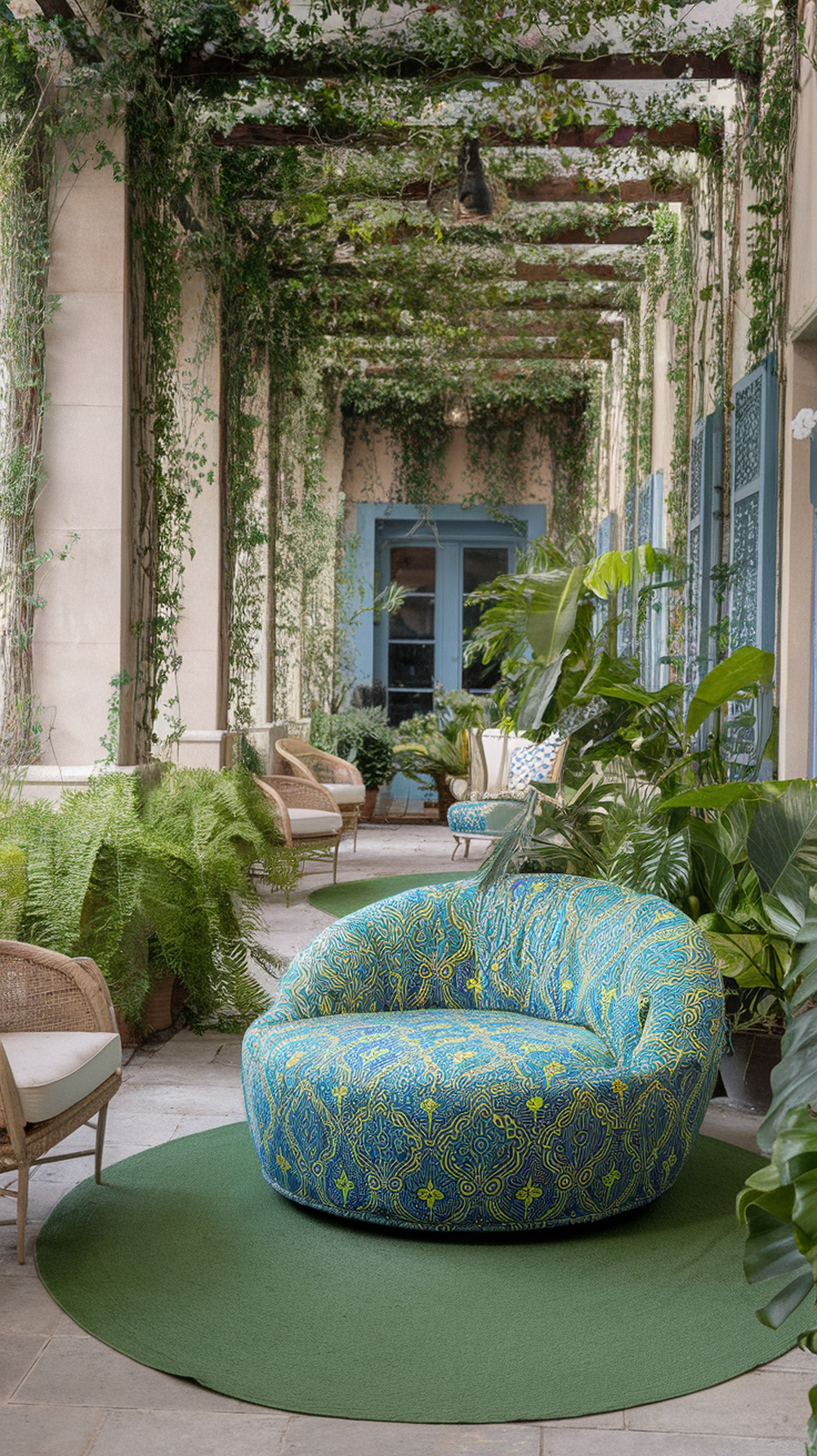 Vibrant patterned chair on a patio surrounded by greenery