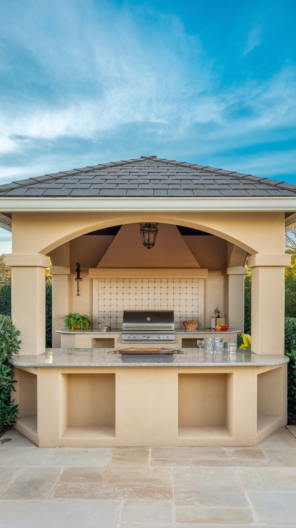 A covered outdoor kitchen featuring a grill, countertop, and surrounding plants.