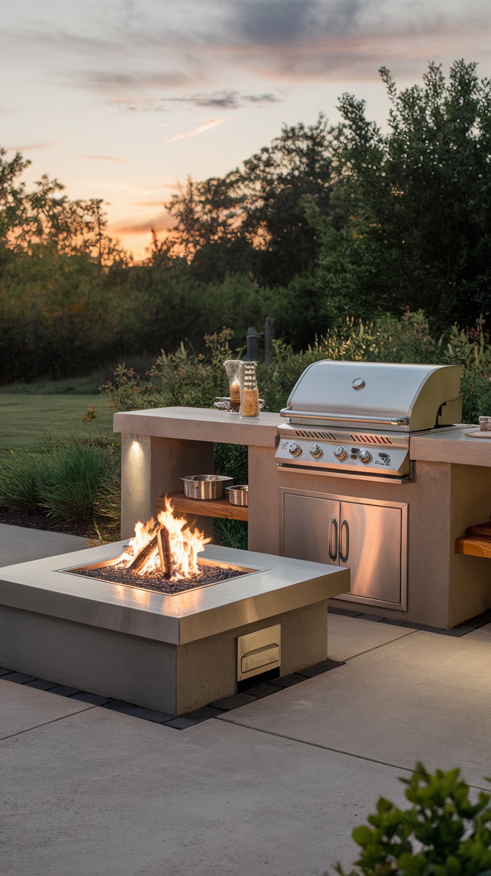 An outdoor kitchen featuring a grill and a fire pit combination, with a sunset backdrop.