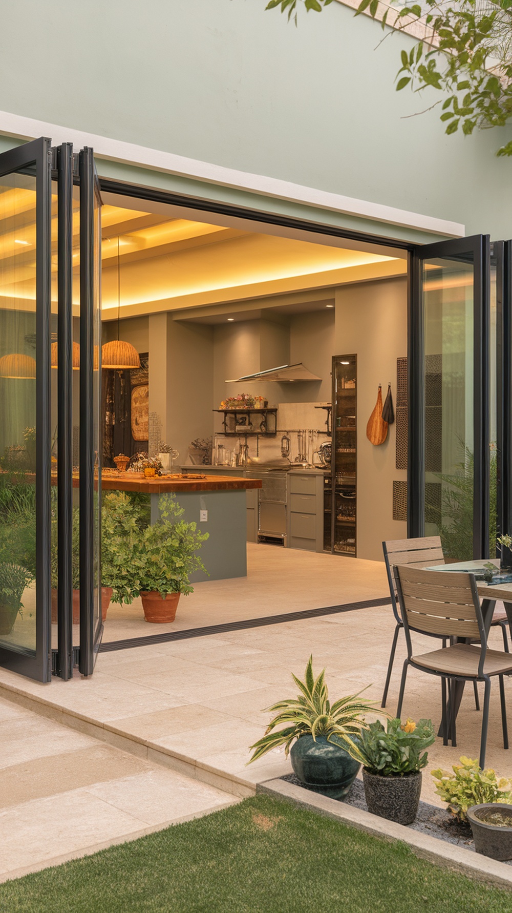 Modern indoor-outdoor kitchen with large glass doors opening to a patio.