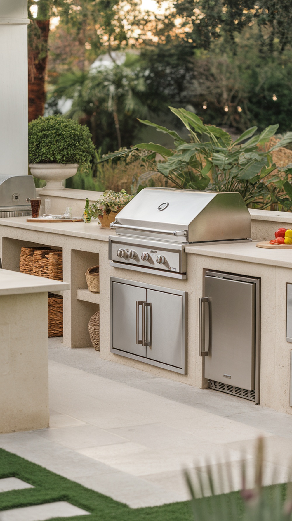 Modern outdoor kitchen featuring a stainless steel grill and built-in refrigeration, surrounded by greenery.