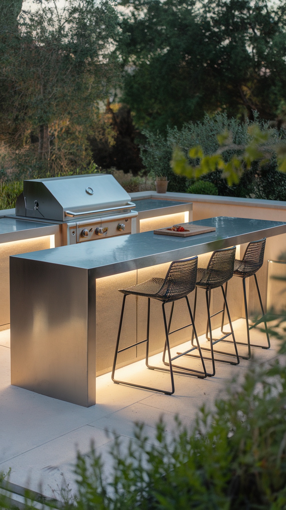 Modern outdoor kitchen with stainless steel grill, counter, and bar stools surrounded by greenery