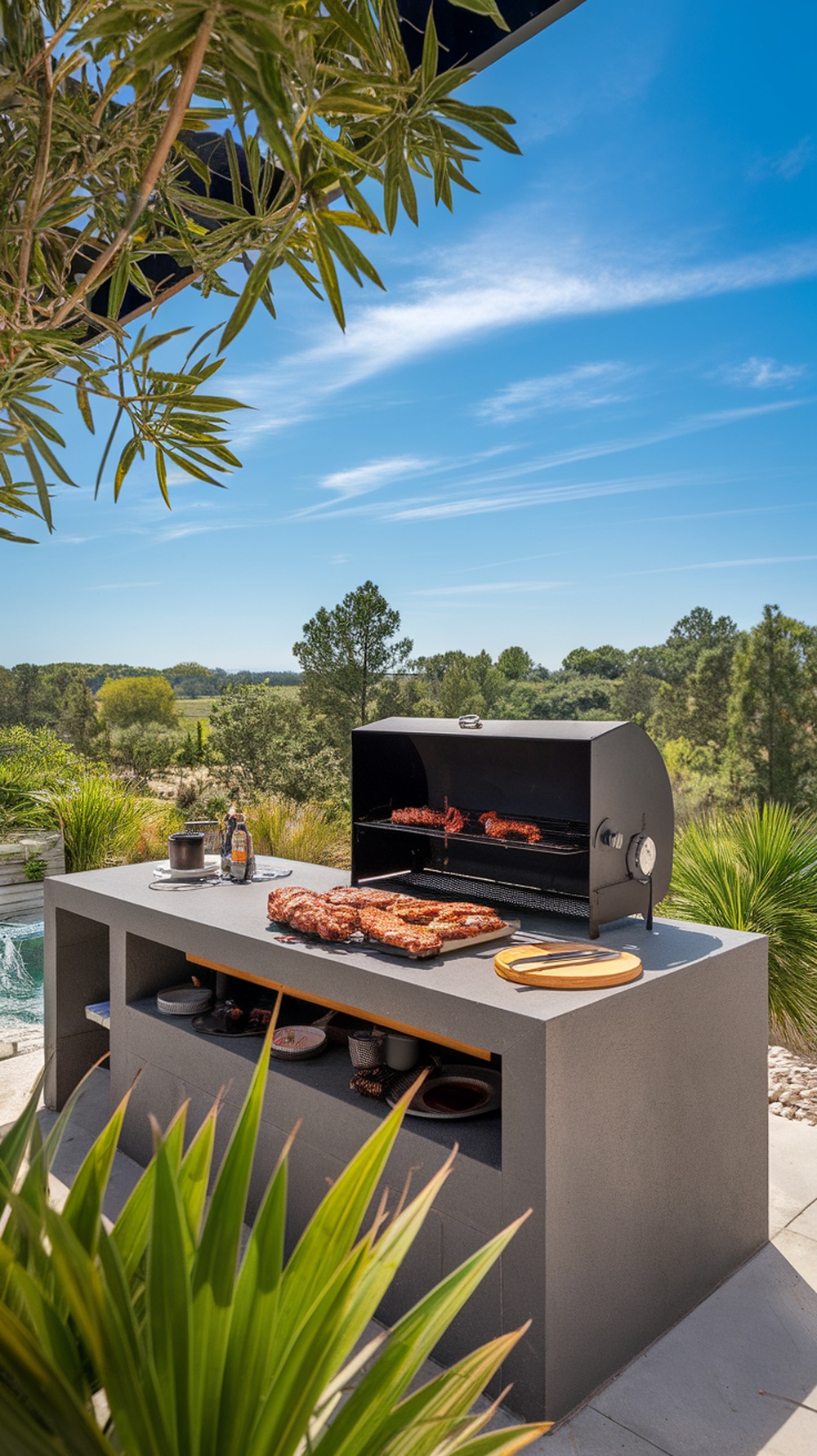 Outdoor kitchen island with built-in smoker and grilled meats