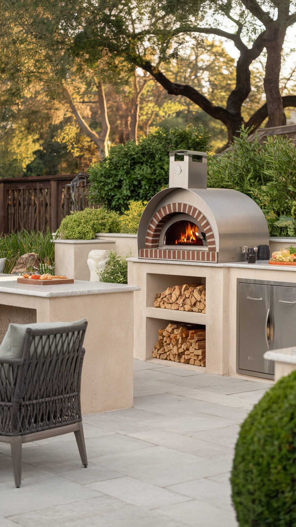 Outdoor kitchen with built-in pizza oven, firewood storage, and seating area