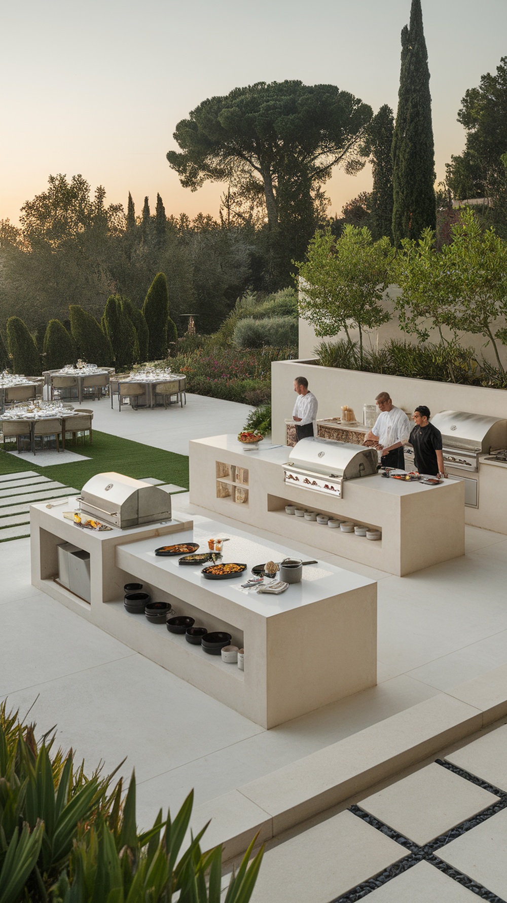 Outdoor kitchen with multi-level cooking and prep stations, featuring chefs actively preparing food surrounded by greenery.