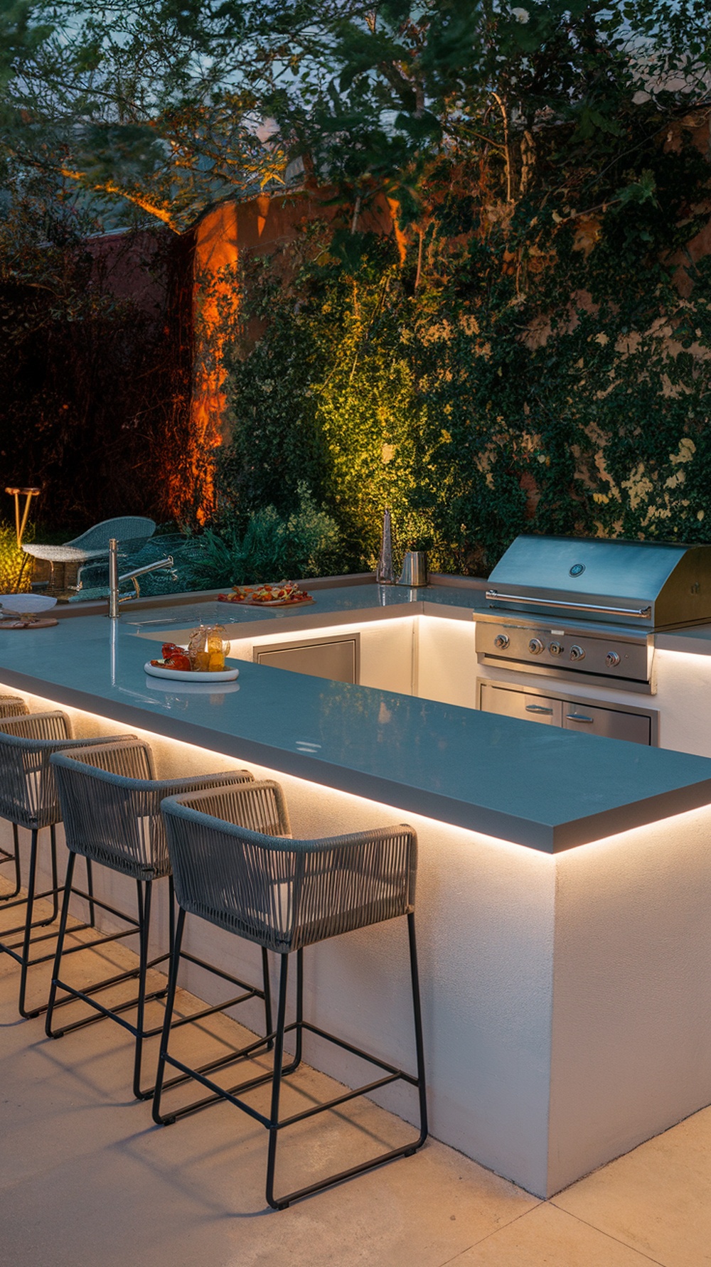 An L-shaped outdoor kitchen with bar seating, featuring a grill, sleek countertops, and warm lighting.
