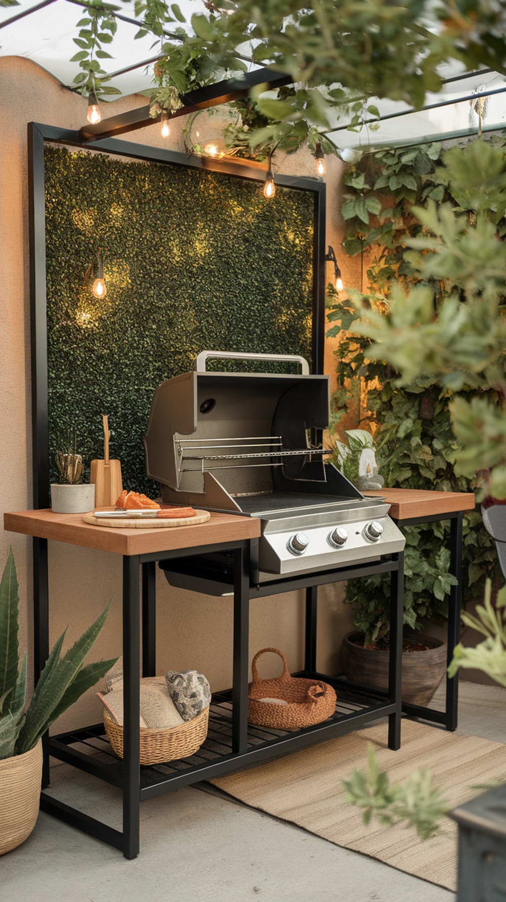 A compact outdoor grill station with a prep counter, surrounded by greenery and decorative lighting.