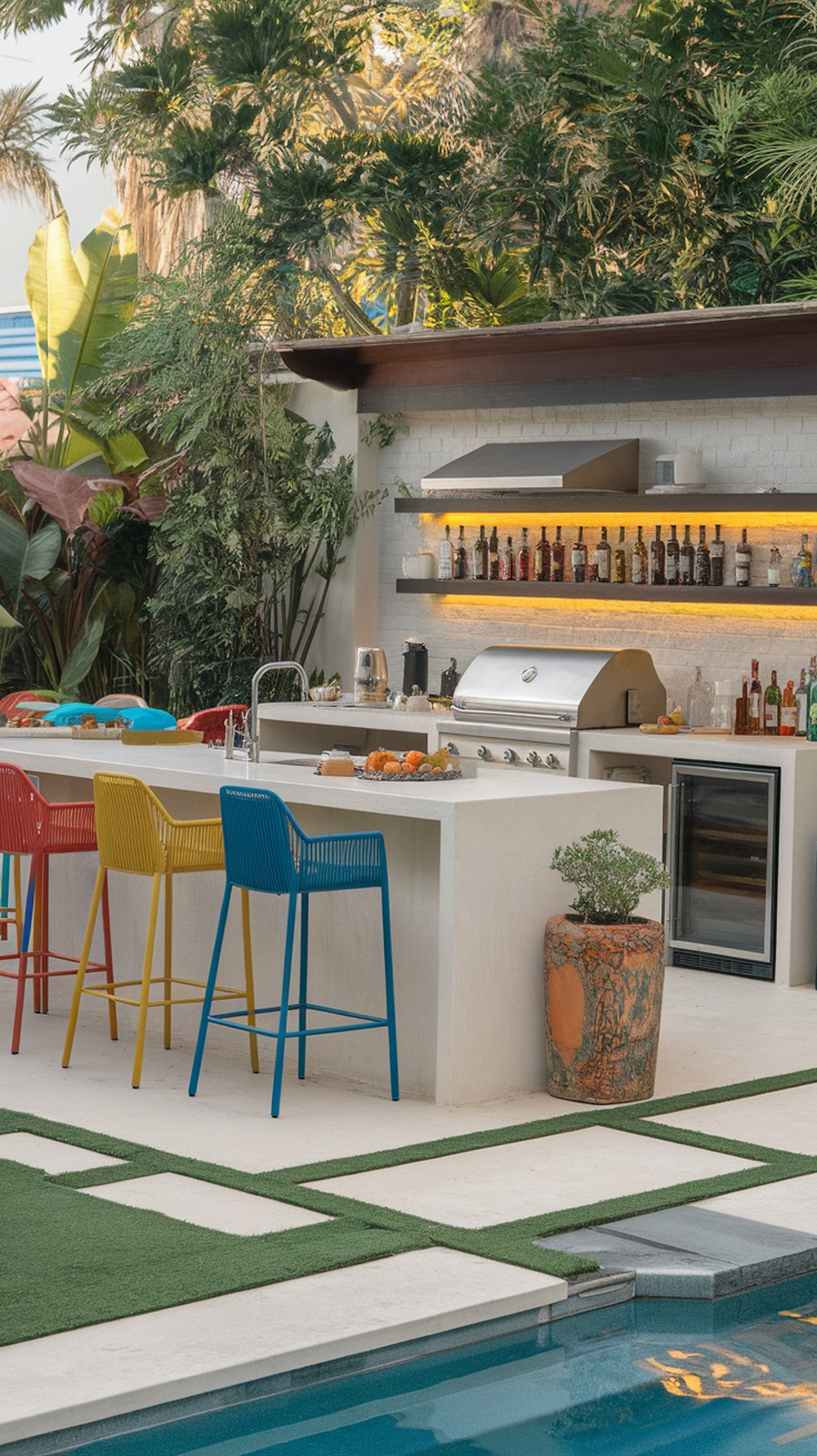 Stylish poolside outdoor kitchen with colorful bar stools and lush greenery