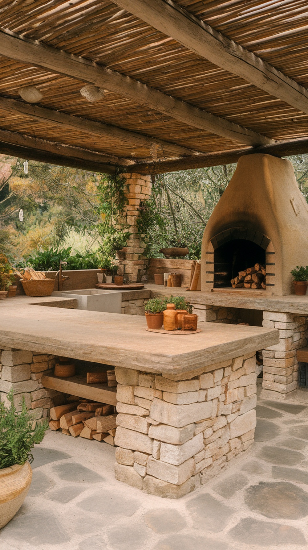 Rustic outdoor kitchen featuring stone and wood elements with a brick oven and potted plants
