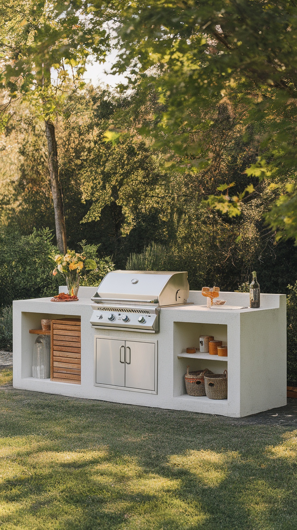 A budget-friendly modular outdoor kitchen with a stainless steel grill and storage, set in a green landscape.