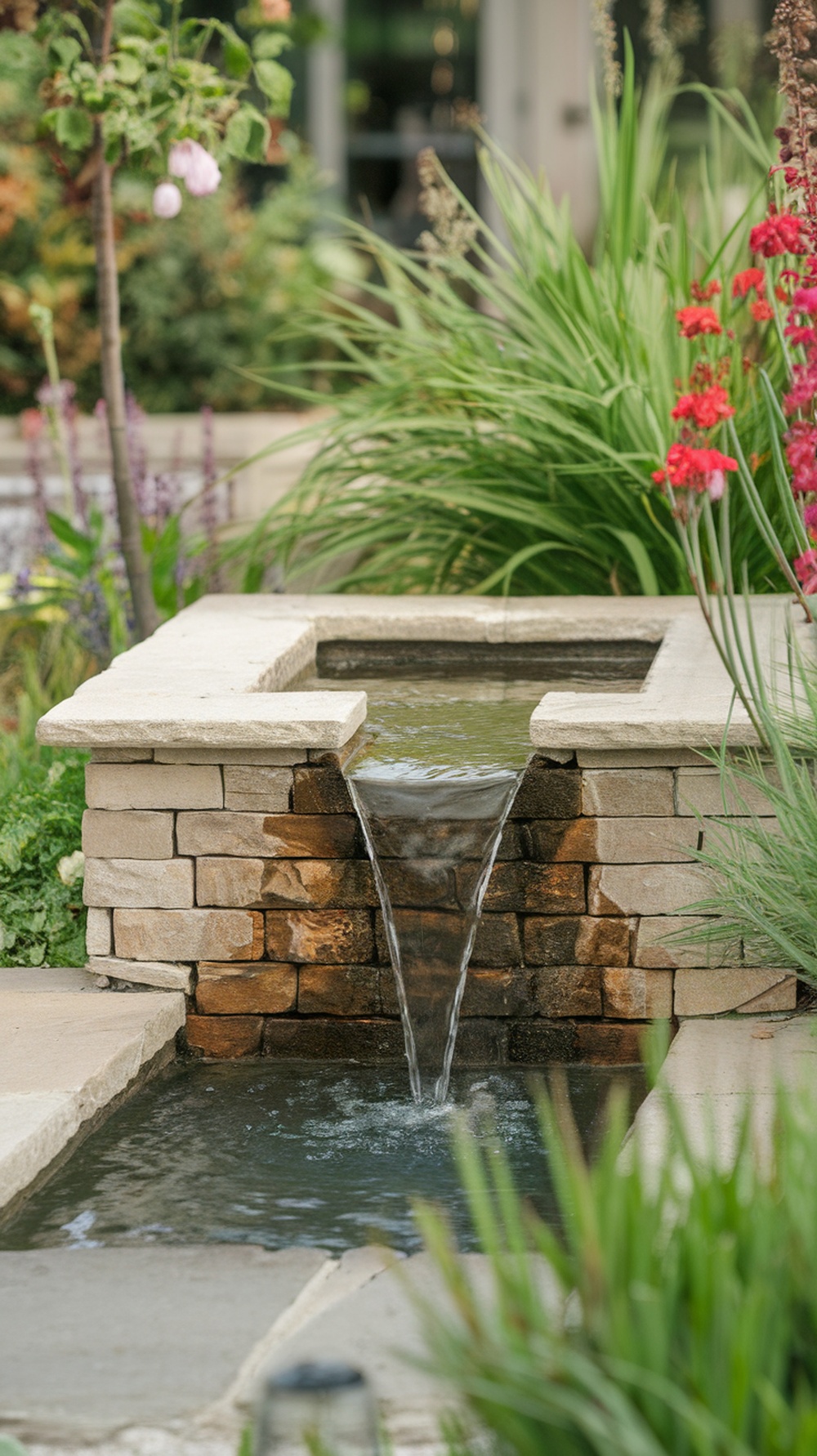 A compact water feature made of stone, with water flowing gently over its edge, surrounded by greenery and flowers.