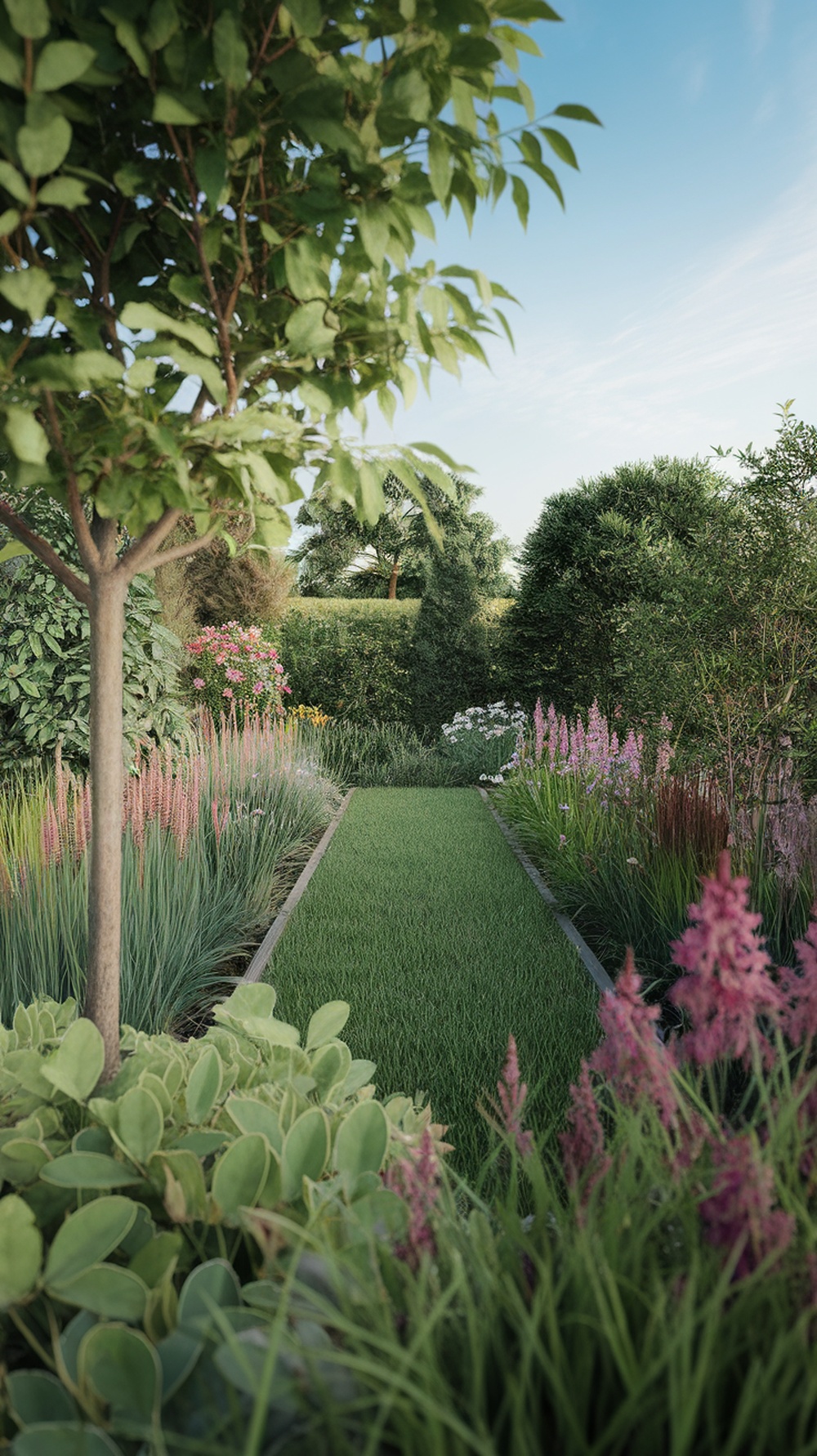 A small garden with a pathway lined by colorful flowers and lush greenery, creating an illusion of a larger space.