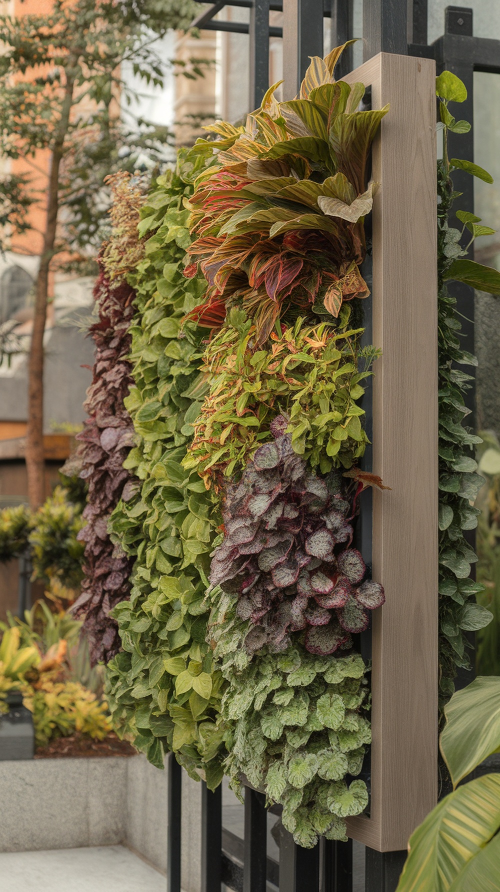 Vibrant vertical garden wall with various plants, showcasing greenery in a limited space.