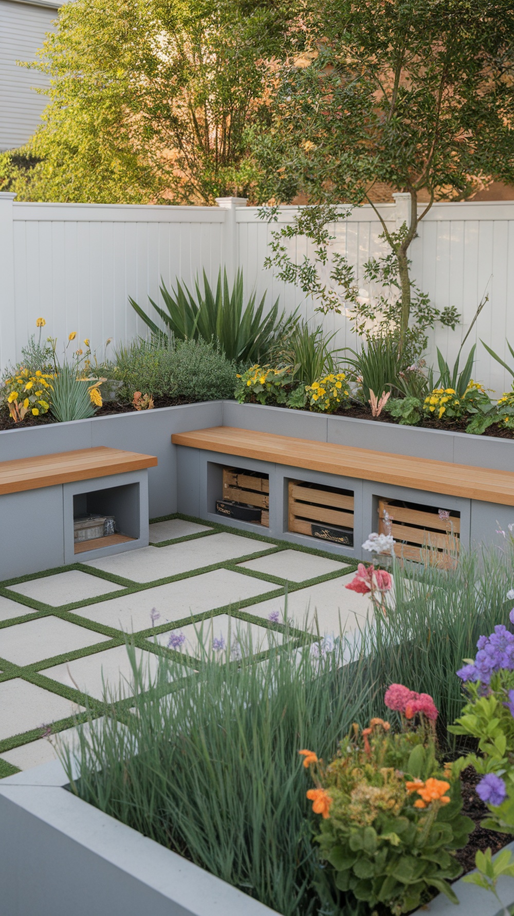 A small garden with seating benches that have hidden storage, surrounded by colorful flowers and greenery.