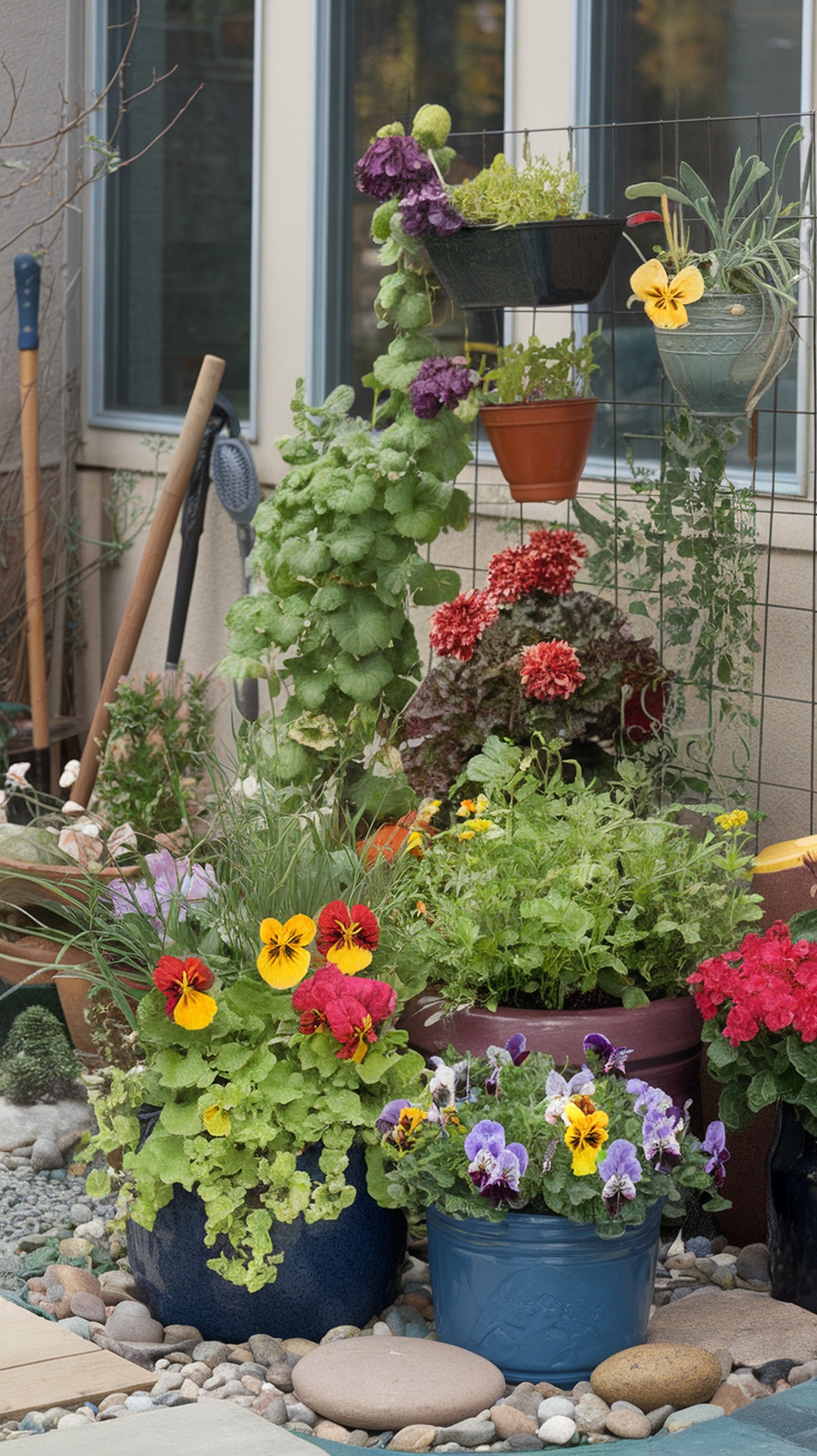 Colorful container garden with various flowers and plants arranged in pots.