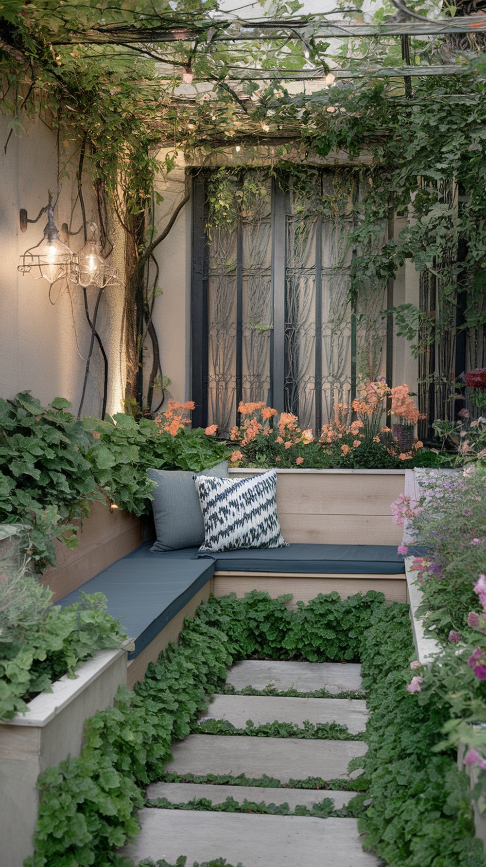 Cozy built-in bench seating with integrated planters surrounded by lush greenery and flowers.