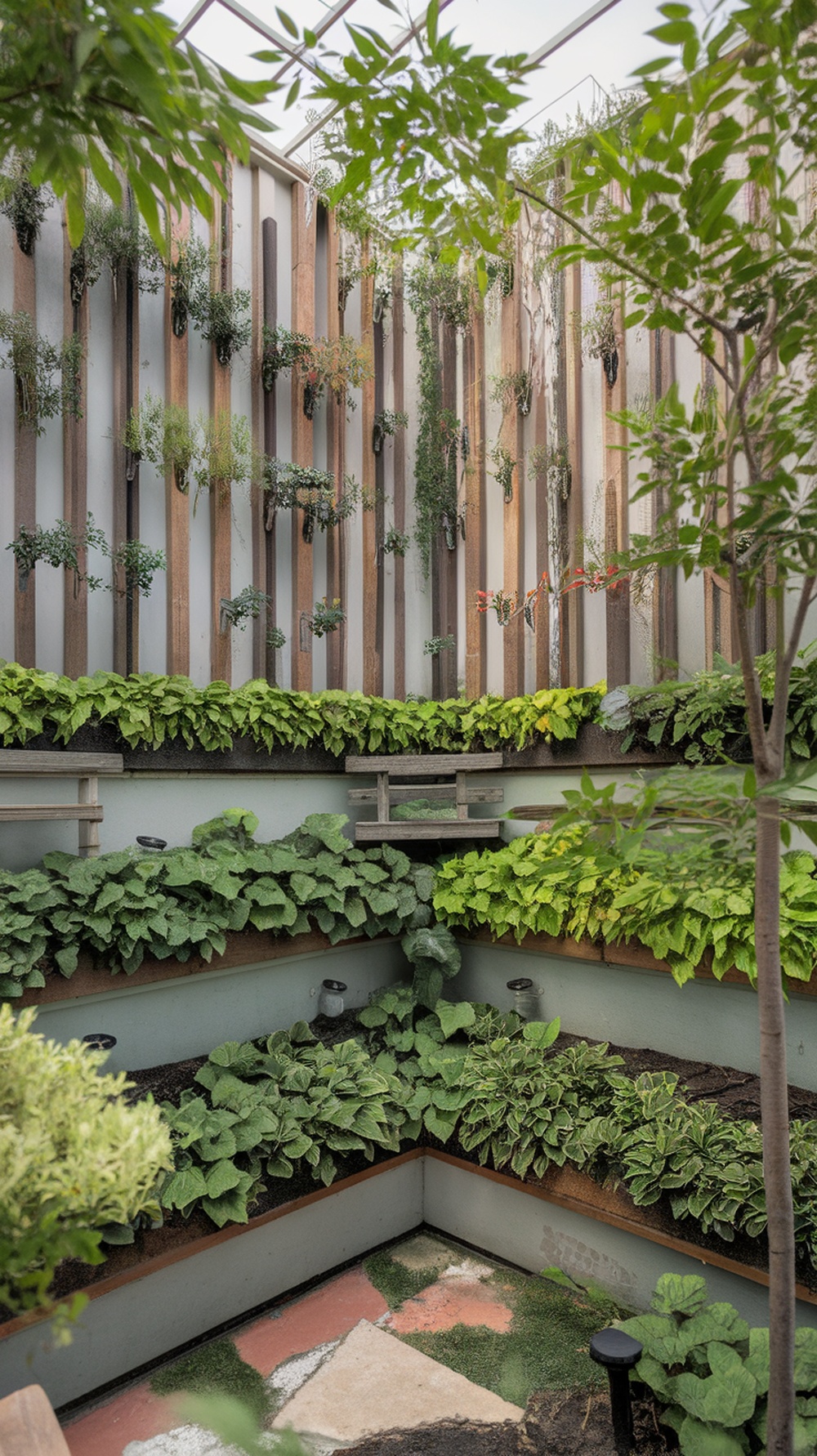 Small garden with clever paving and vibrant plants, showcasing defined zones for a cozy outdoor space.