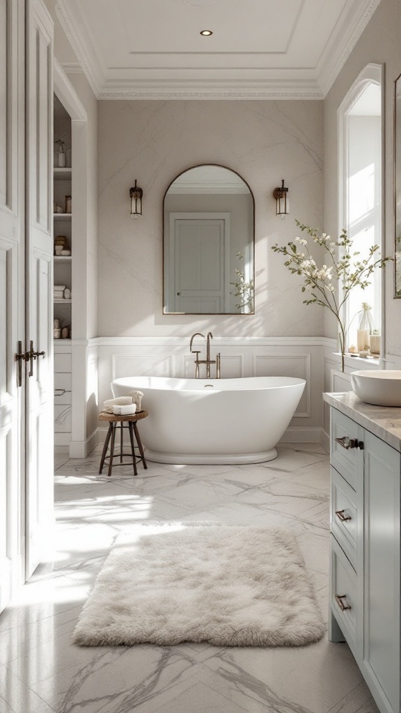 A modern bathroom with heated porcelain tile flooring, featuring a soft area rug and abundant natural light.