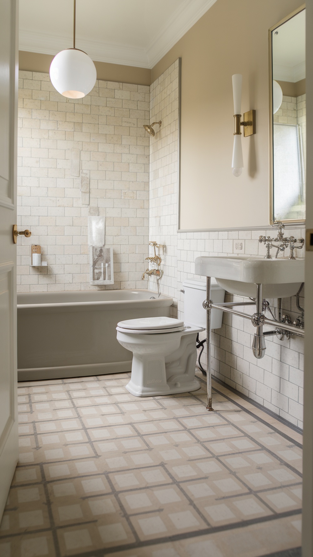 A stylish bathroom featuring luxury sheet vinyl flooring, a bathtub, and modern fixtures.