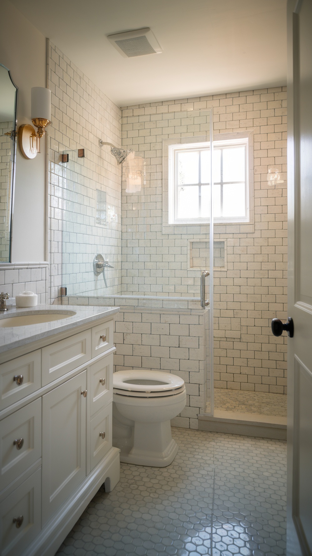 A stylish bathroom showcasing ceramic penny round tiles on the floor, complemented by white subway tiles on the walls.