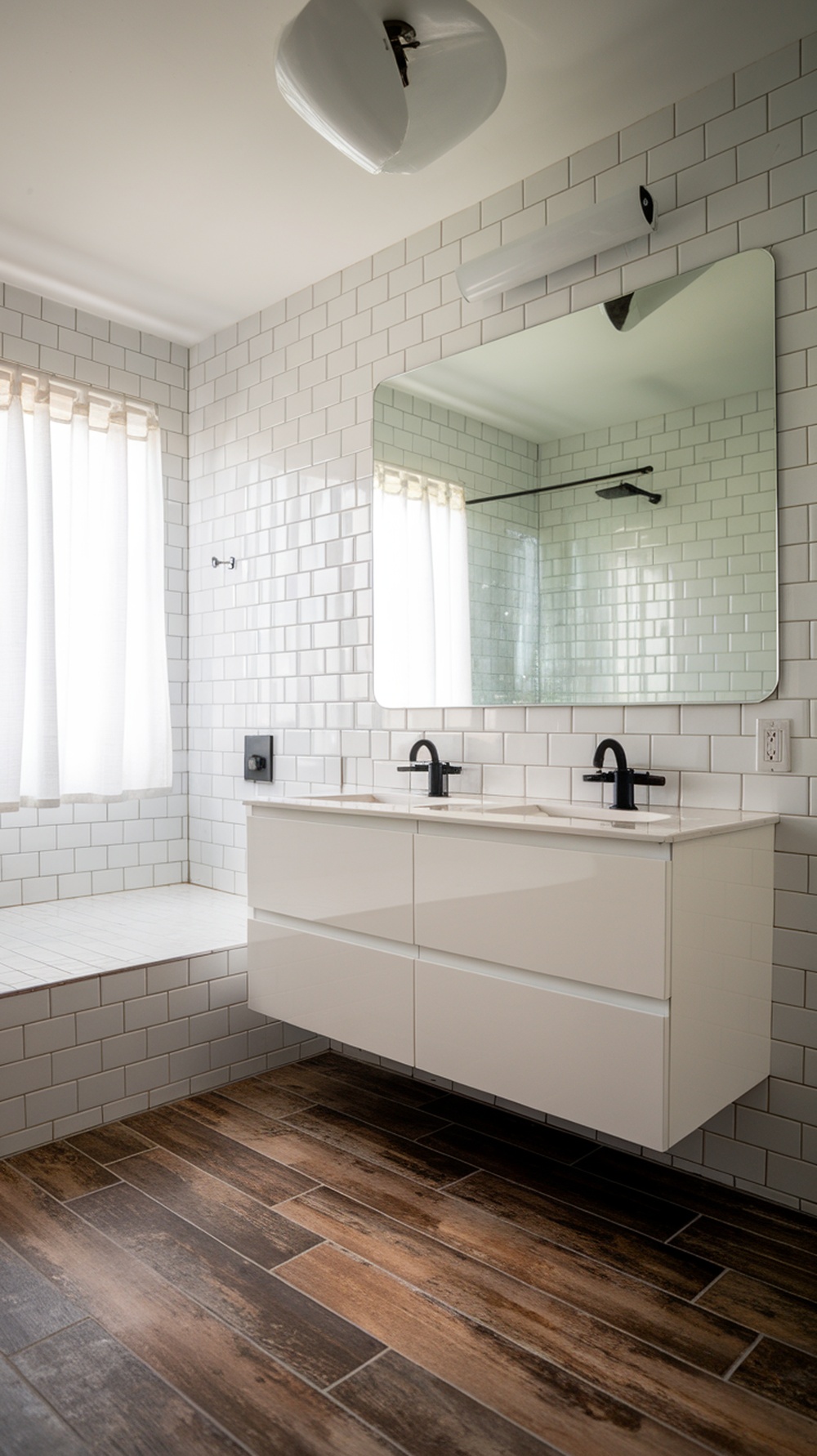 A modern bathroom featuring wood-look porcelain planks on the floor, white tiles on the walls, and a stylish mirror above the sink.