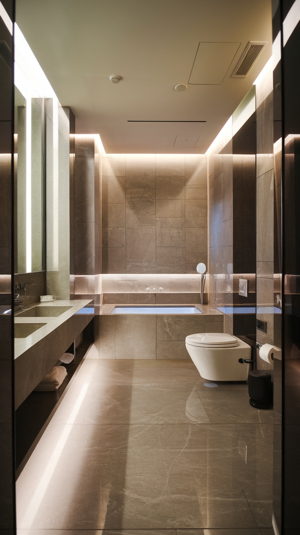 A modern bathroom featuring large-format porcelain tiles in neutral tones with minimalistic design.