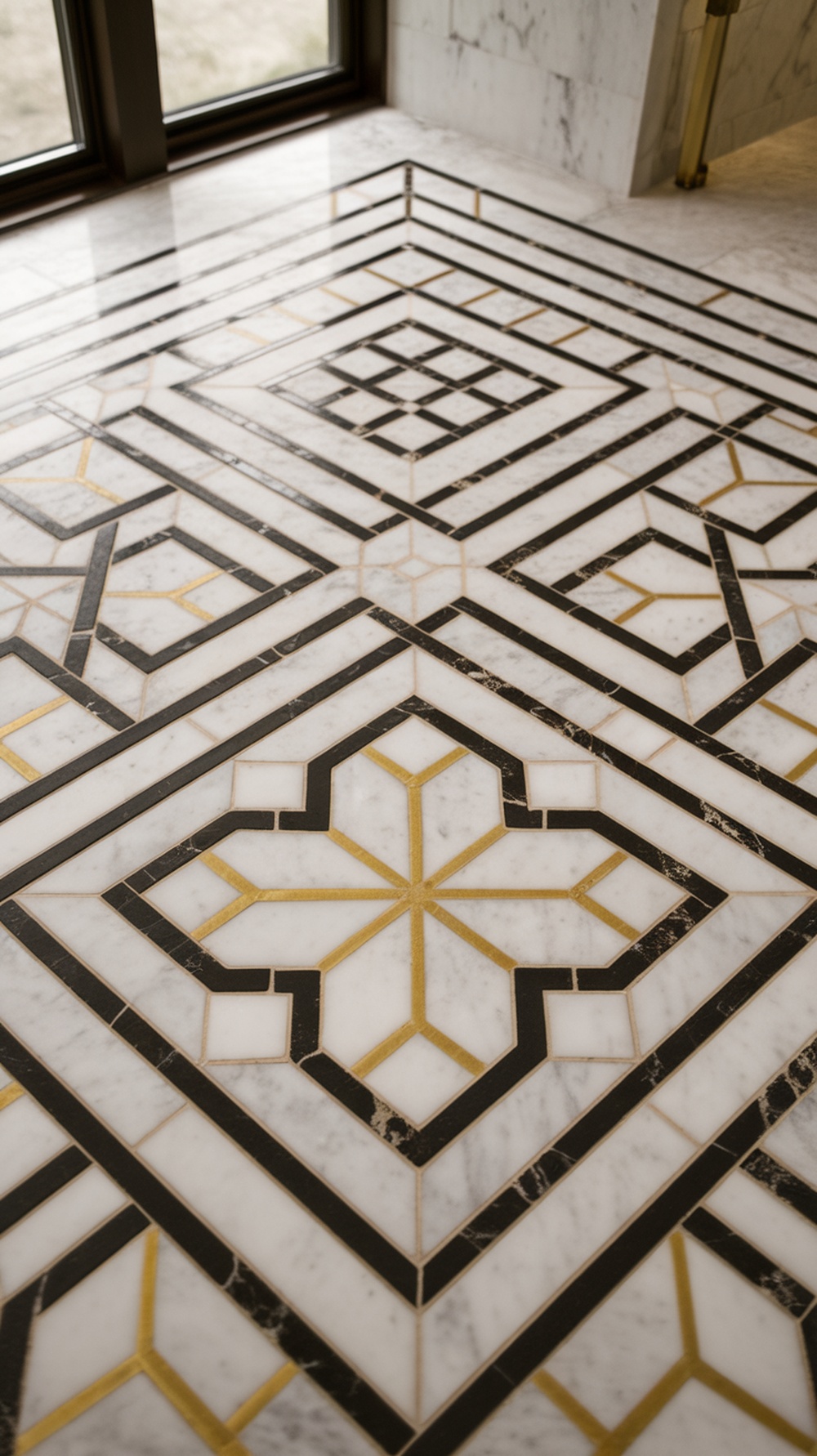 Geometric marble and brass inlay tiles on a bathroom floor, showcasing intricate patterns in white, black, and gold.