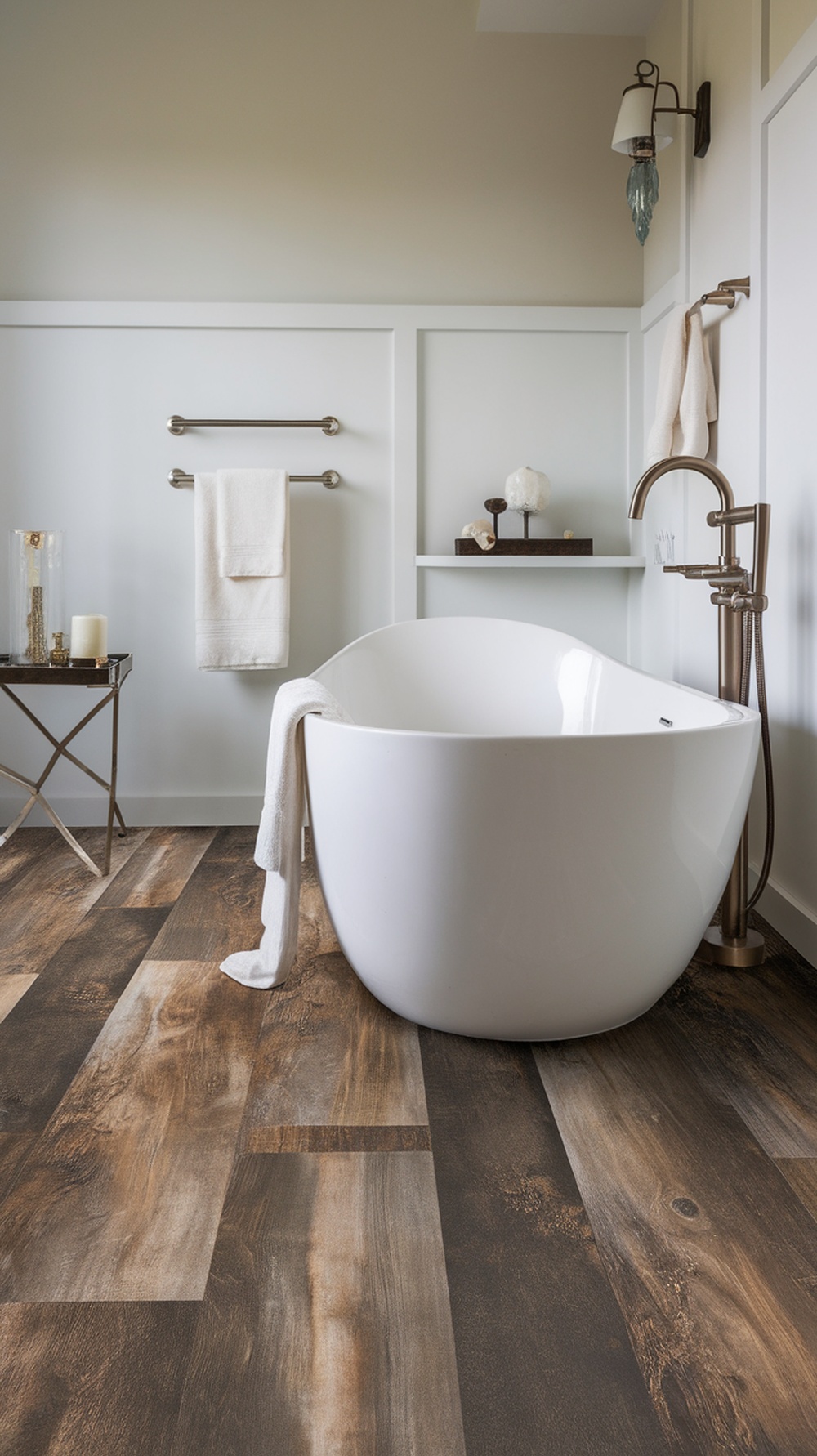 Stylish bathroom featuring wood-look luxury vinyl planks, a freestanding bathtub, and modern fixtures.