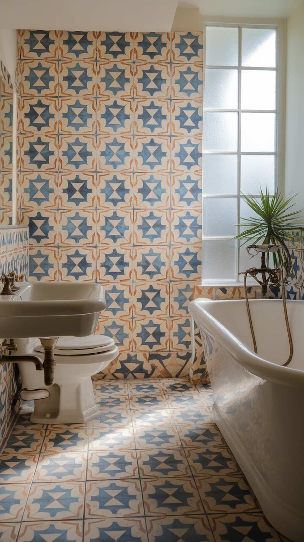 A bathroom featuring patterned encaustic cement tiles with a star design in blue and terracotta.
