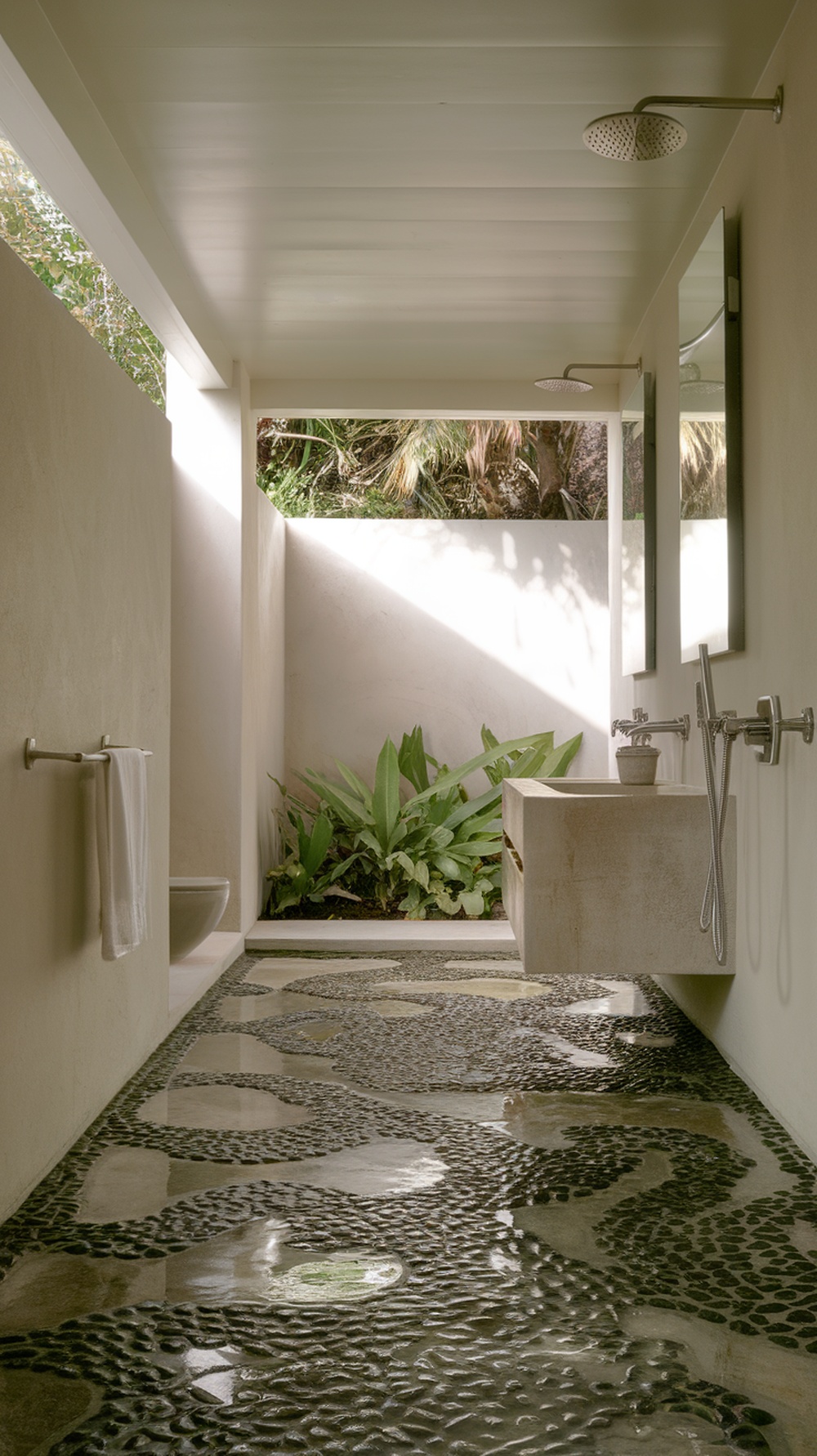 A modern bathroom featuring pebble mosaic flooring, a light wood ceiling, and greenery visible through an open wall.